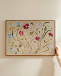 Framed floral artwork on a wall with a hand adjusting it