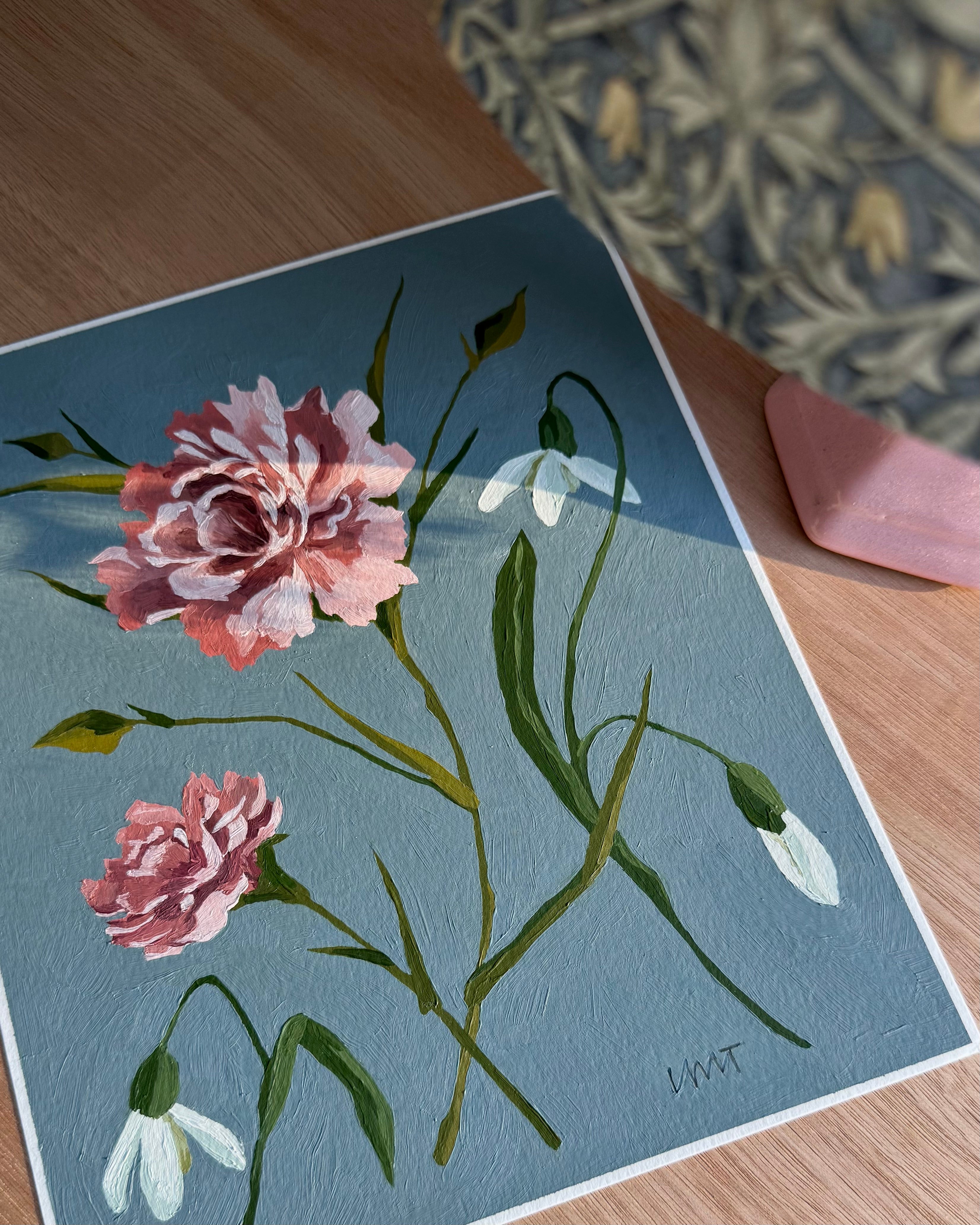 Floral painting of pink and white flowers on a blue background